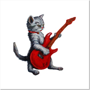 Kitten playing an electric guitar Posters and Art